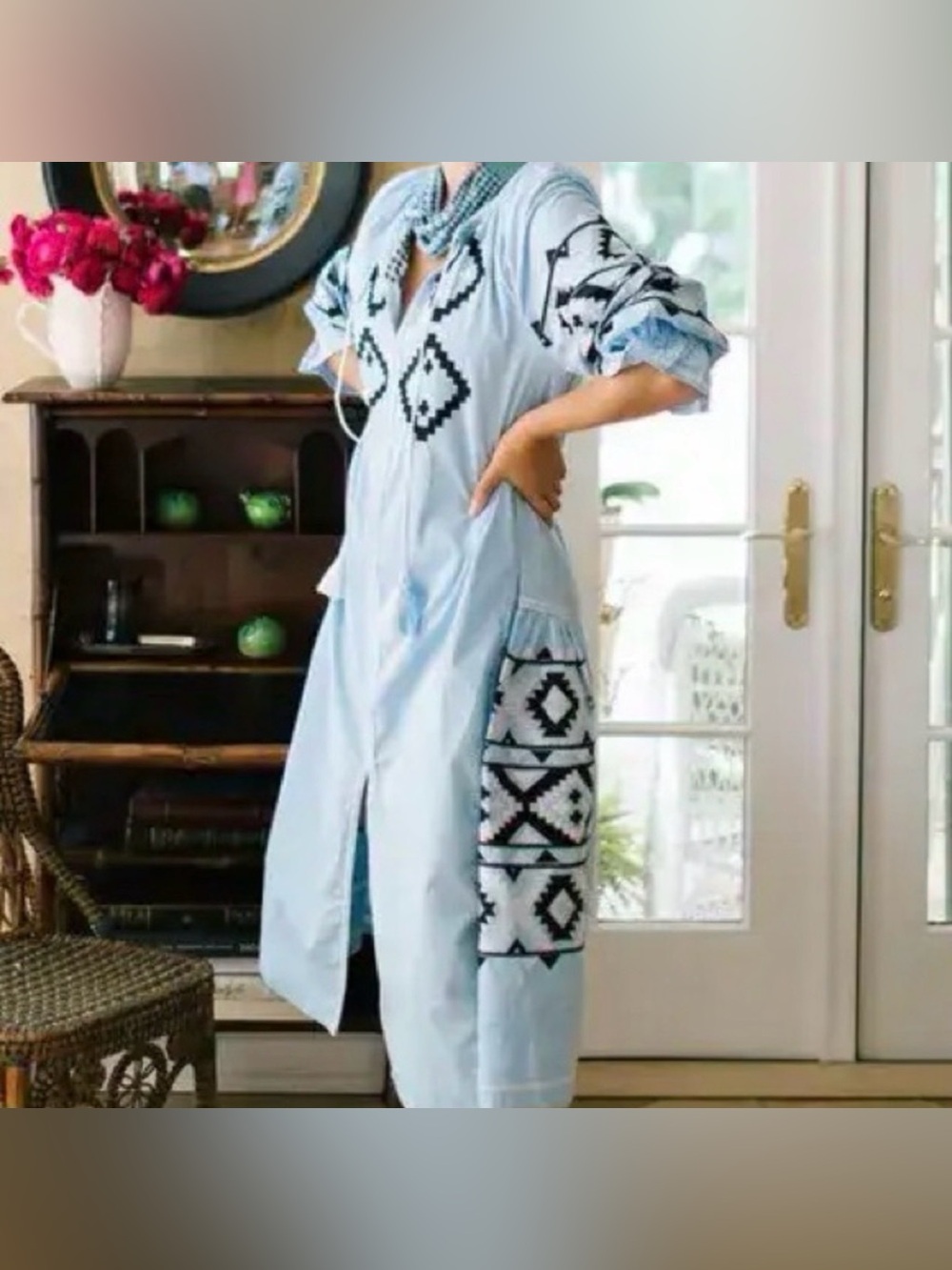 Embroidered Light Blue Maxi Dress with Black Geometric Pattern